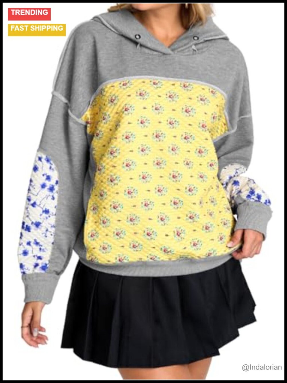Women's Floral Patchwork Quilted Hoodie Vintage Graphic Casual Long Sleeve